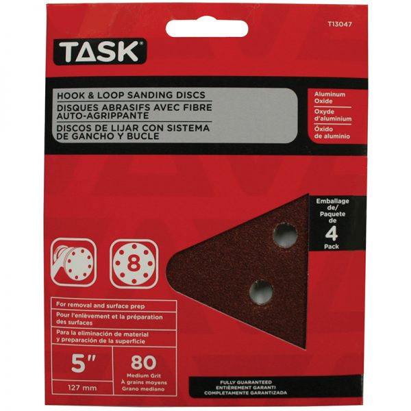 T13047 TASK 5" 8-HOLE 80 GRIT HOOK & LOOP SANDING DISCS 4-PACK