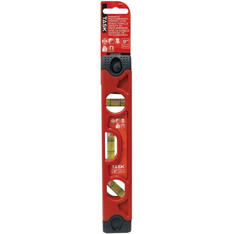 T58019 TASK 9" MAGNETIC POLY TORPEDO LEVEL W/ RUBBER END CAPS